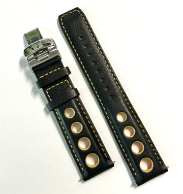 Tissot PRS516 20mm Black / Yellow Leather Watch Band Strap with Clasp - WATCHBAND EXPERT