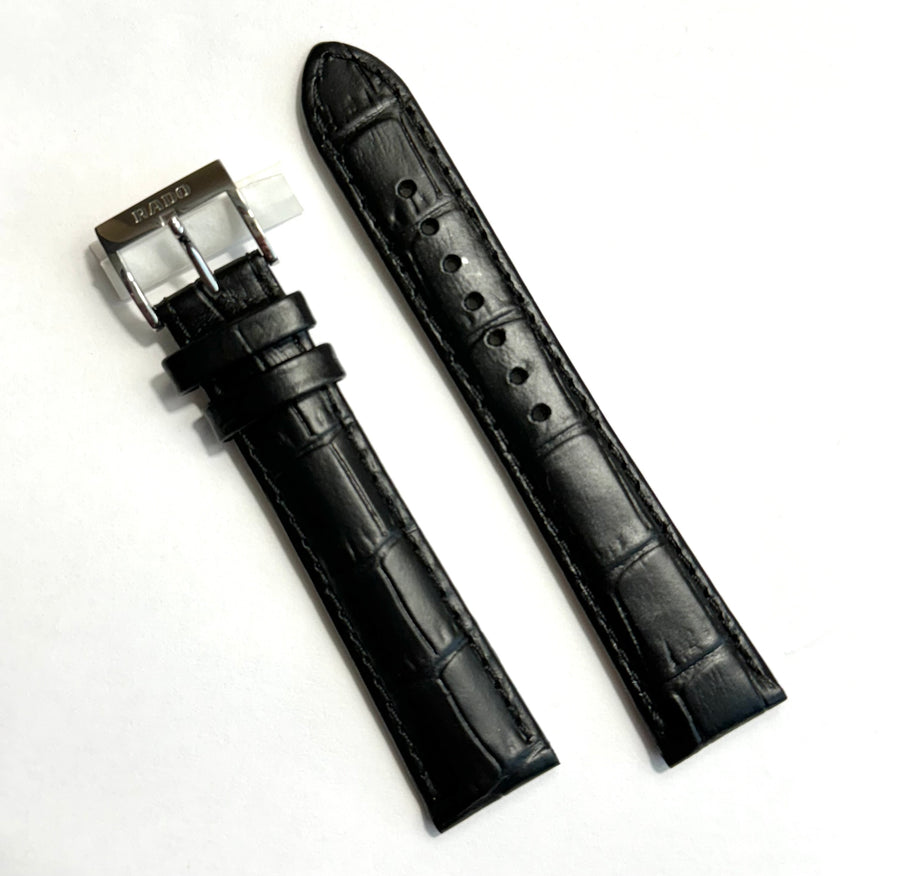 RADO 18mm Black Leather Watch Band Strap with Silver Buckle - WATCHBAND EXPERT