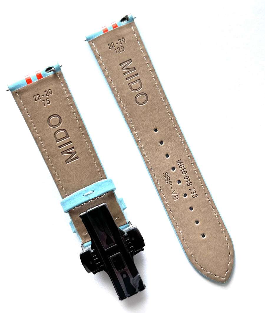 MIDO 22mm Light BLUE / Orange Leather Watch Band strap