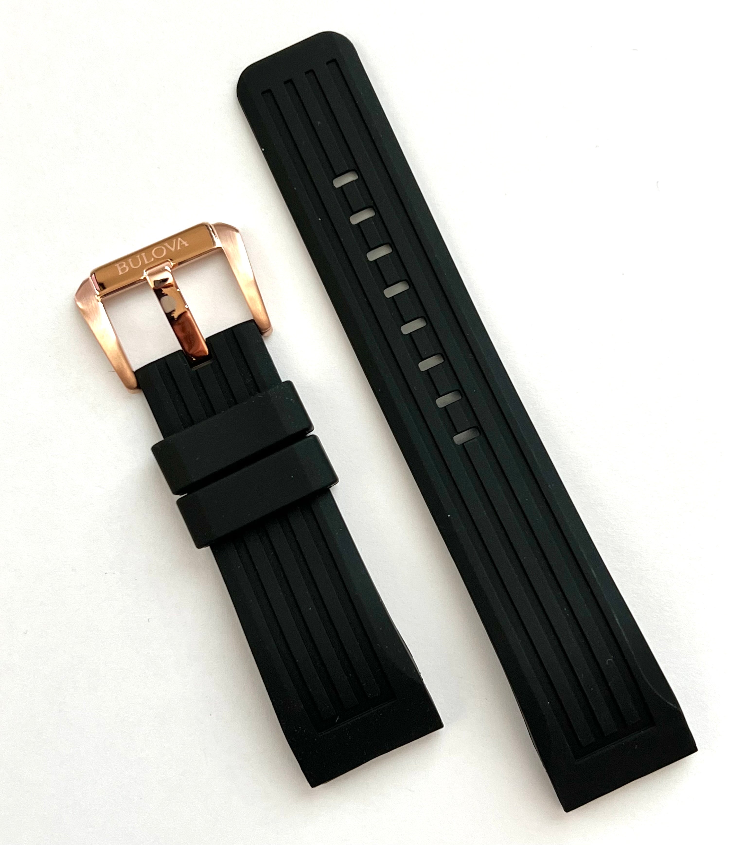 Bulova 98B152 24mm black rubber band strap with rose-gold buckle