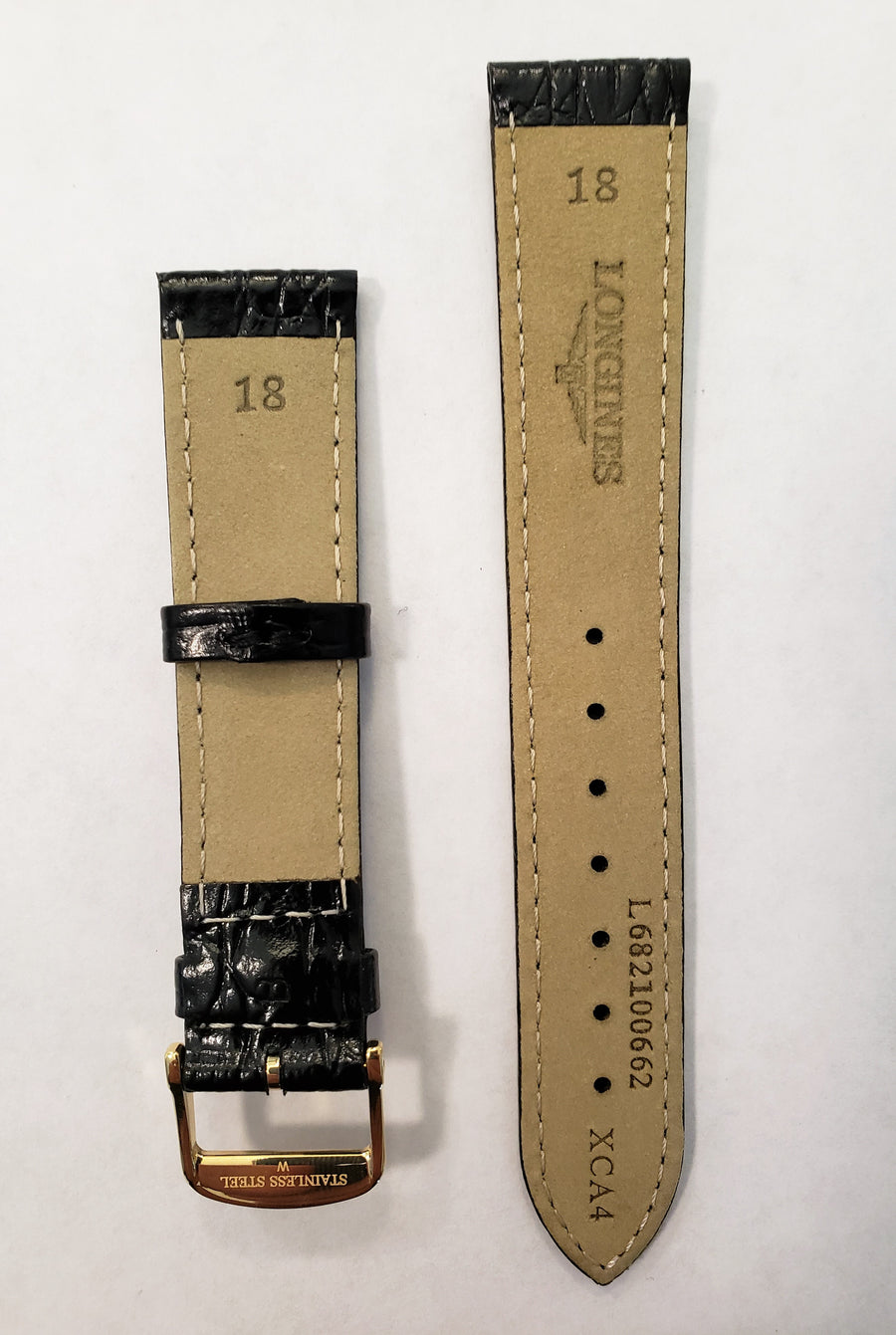 Longines 18mm L682100662 Black Leather Watch Band with Gold Buckle - WATCHBAND EXPERT