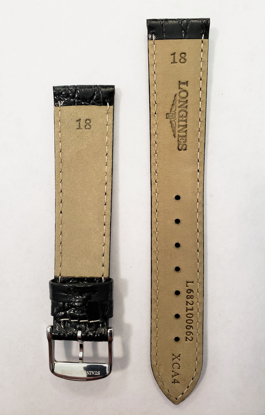 Longines 18mm L682100662 Black Leather Watch Band with Silver Buckle - WATCHBAND EXPERT